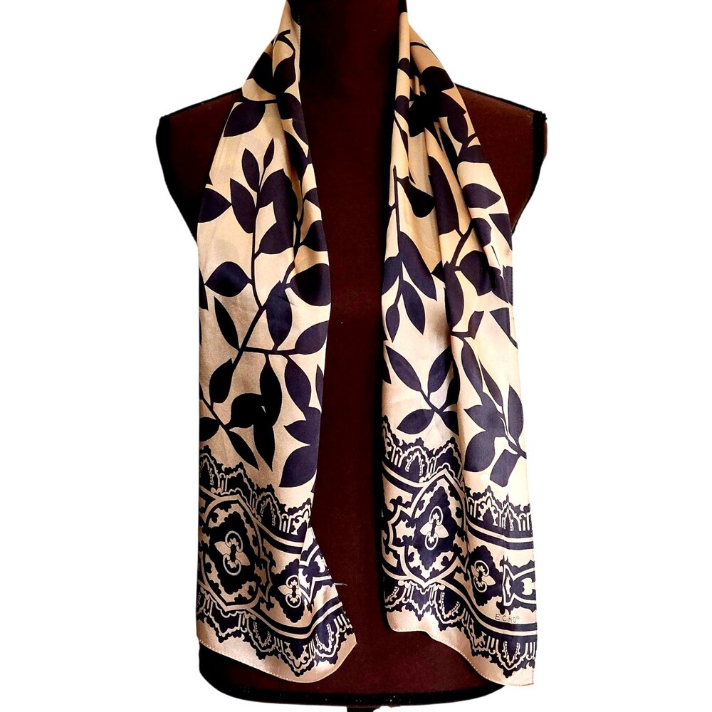 ECHO Womens Silk Scarf Rectangle Size 11x52 Tan Brown Neck Tie Purse Tie
